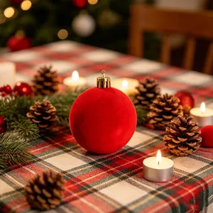 Vista macro dettagliata di una grande palla di Natale rossa floccata su una tavola festiva