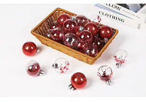 Set of red and transparent 6cm Christmas baubles displayed in a rustic woven basket.