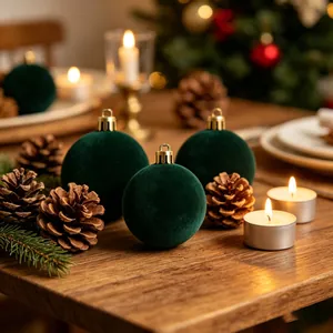 Primo piano di eleganti palline di Natale floccate verde scuro con trama in velluto