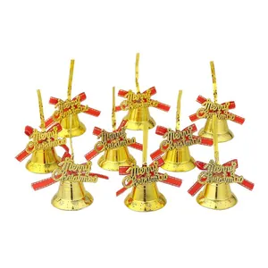 9pcs Christmas tree ornaments featuring golden bells with red silk bows and Merry Christmas