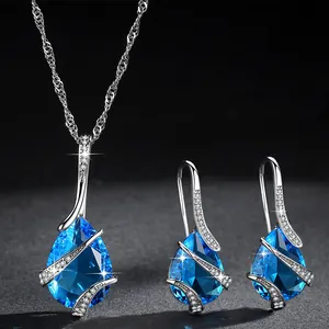 Elegant ocean blue waterdrop jewelry set with zircon necklace and matching earrings