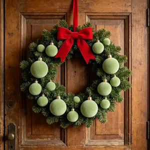 Dettaglio di palline di Natale floccate verde chiaro su una bella ghirlanda festiva