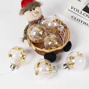 Juego de 6 bolas de Navidad transparentes 8cm con estrellas doradas y plumas blancas