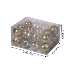 Set of 24 transparent gold Christmas ball ornaments shown in a clear storage box