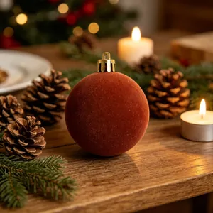 Primo piano di una pallina di Natale in velluto rosso su un tavolo di legno festivo