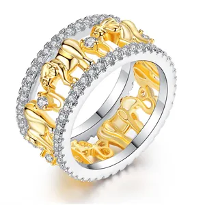 Western Fashion Two-Tone Gold Silver Plated Copper Ring With Zirconia Elephant Motif Hollow Design Ethnic Women Jewelry