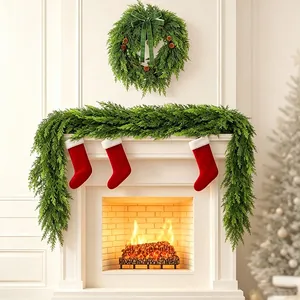 Realistic Christmas Faux Cedar Pine Needle Garland Wreath With Natural Pinecones Velvet Bow Artificial Evergreen Hanging Decor For Fireplace Door Stairs Home Party Xmas Decoration