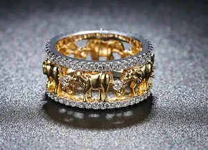 Close-up detail of a luxury two-tone elephant ring featuring sparkling pavé-set stones
