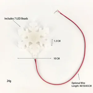 Vue macro de l'accessoire lumineux flocon de neige LED avec dimensions et spécifications de fil