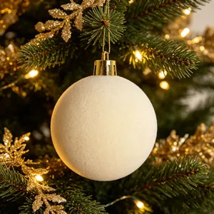 Primo piano di una pallina di Natale bianca floccata appesa a un albero di Natale decorato.