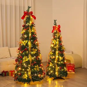 Set de dos árboles de Navidad plegables decorados con luces LED cálidas y lazos rojos
