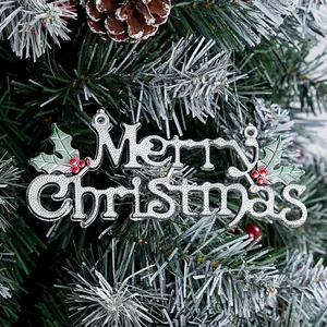 Silver Merry Christmas hanging sign ornament with holly leaves for Christmas tree