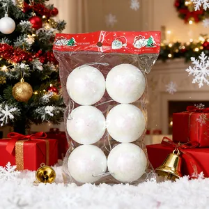 Pack de 6 bolas de espuma blanca con purpurina para decoración de árboles de Navidad