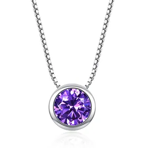 Detail view of a round purple AAA zirconia pendant on a silver-toned box chain