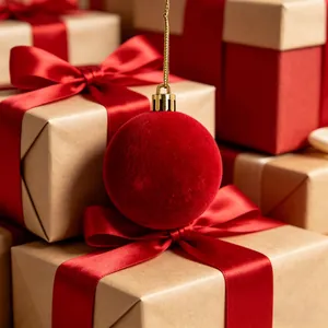 Primo piano di una pallina di Natale rossa floccata su scatole regalo con nastri rossi