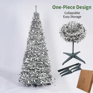 Detailed view of foldable flocked Christmas tree with assembly components and gift box