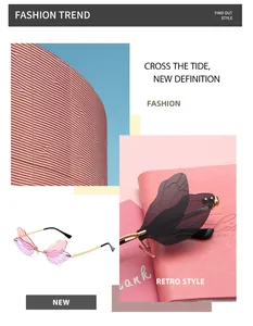 Detailed view of dragonfly wing sunglasses with gradient pink lenses on a pink planner.