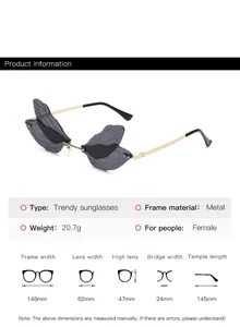 Detail view of dragonfly wing sunglasses with specific dimensions and material info.