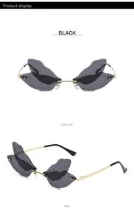 Stylish dragonfly wing shaped rimless sunglasses showing front and side views in black.