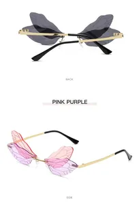Detailed view of dragonfly wing sunglasses with pink purple gradient lenses and gold temples