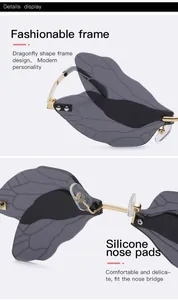 Detailed view of dragonfly wing sunglasses featuring soft silicone nose pads