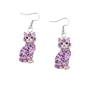 Fashionable 2D purple crystal cat drop earrings with shimmering acrylic gemstones for women