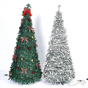 Comparison detail of green decorated and white flocked folding telescopic Christmas trees