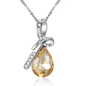 Elegant women's champagne crystal teardrop pendant necklace with silver plated accents