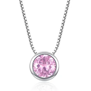 Elegant silver box chain necklace featuring a brilliant round pink AAA zircon pendant.