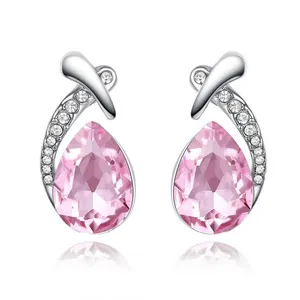 Elegant pink pear-shaped crystal stud earrings with silver knot and pave rhinestone accents