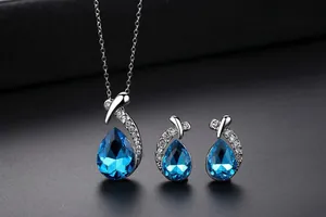 Elegant blue teardrop crystal jewelry set including necklace and matching stud earrings