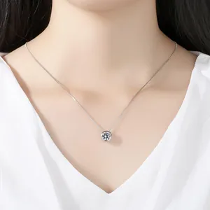 Elegant round AAA zircon solitaire pendant necklace with silver box chain on model