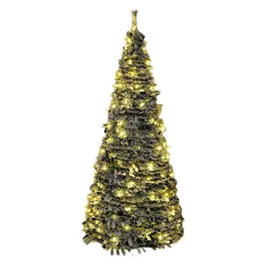 Flocked green telescopic Christmas tree with warm LED lights on white background