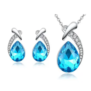 Elegant pear-shaped blue crystal necklace and earrings silver jewelry set for women