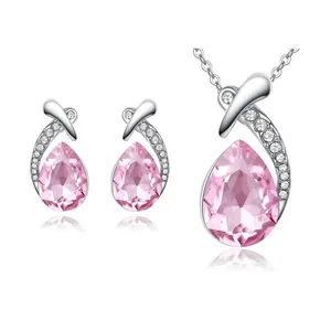 Elegant pink teardrop Austrian crystal necklace and matching earrings jewelry set for women