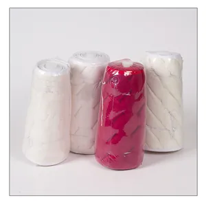 Detailed view of plush Christmas tree collars in assorted colors with plastic packaging