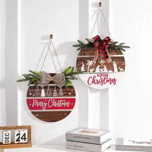Juego de 2 placas navideñas redondas de madera con pesebre y diseños de pinos decorativos