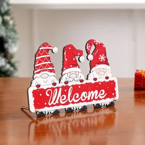 Cartel festivo de bienvenida de Navidad con gnomos de madera para decoración de mesa