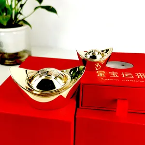 Traditional Brass Yuanbao Lucky Ingot Statue Wealth Prosperity Gold Statue Home Office Desk Ornament Feng Shui Decor Treasure Gift