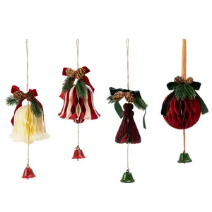 Set of four assorted Christmas honeycomb paper bell ornaments featuring velvet ribbons and pinecones