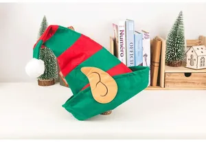 Festive red and green striped elf hat with ears for Christmas parties