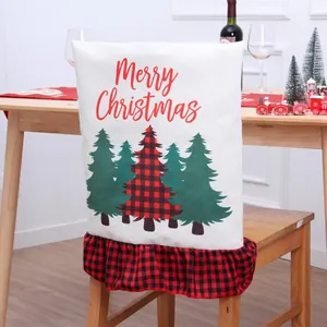 Festliche Weihnachtsstuhlhusse aus Leinen mit rot-schwarzem Karomuster und Druck