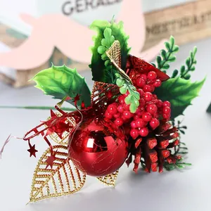 Pique de Noël Avec Pomme de Pin Artificielle Baies Feuilles Plastique Mousse Fer Pour Décoration Arbre de Noël DIY