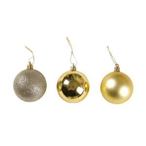 Set di tre palline di Natale dorate con finiture glitterate, lucide e opache.