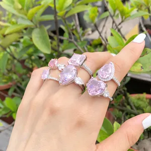 Ensemble de bagues en argent 925 avec grands zircons roses en forme de cœur et poire