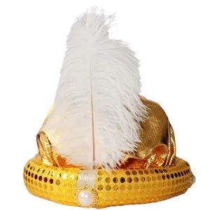 Cappello di Aladino dorato con paillettes e piuma bianca per feste di Halloween