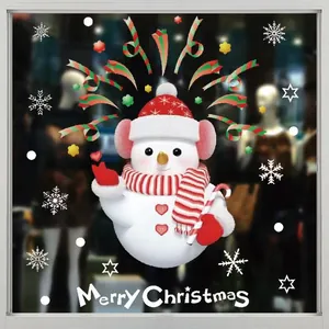 Close-up of a snowman static window sticker with Merry Christmas text for festive decor