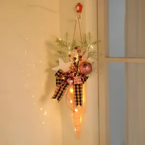 Warm LED lighted Christmas ice cream cone hanging decoration with plaid bow and berries