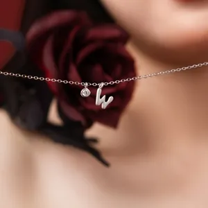 Detailed macro shot of S925 sterling silver necklace with a matte letter W and sparkling stone