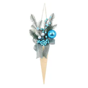 Decorative blue Christmas ice cream cone hanging ornament with LED lights and pine needles